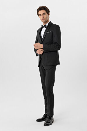 Siyah Slim Fit Armürlü Sivri Yaka 6 Drop Smokin & Damatlık