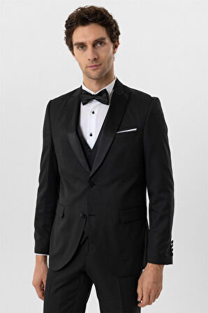 Siyah Slim Fit Armürlü Sivri Yaka 6 Drop Smokin & Damatlık