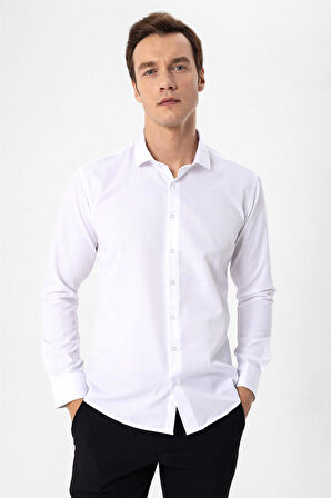Beyaz Slim Fit Armürlü Klasik Yaka Gömlek