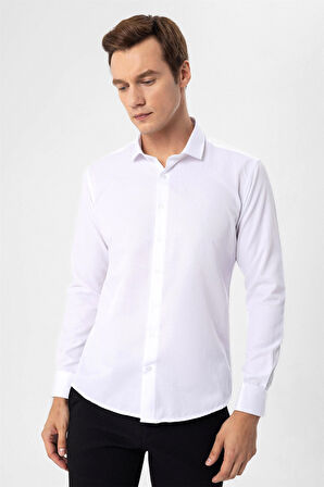 Beyaz Slim Fit Armürlü Klasik Yaka Gömlek