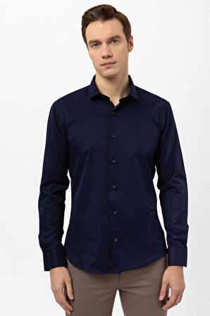 Lacivert Slim Fit Armürlü Klasik Yaka Gömlek