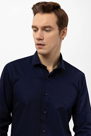 Lacivert Slim Fit Armürlü Klasik Yaka Gömlek
