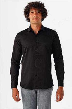 Siyah Slim Fit Armürlü Klasik Yaka Gömlek