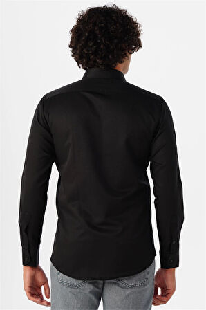 Siyah Slim Fit Armürlü Klasik Yaka Gömlek
