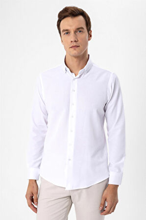 Beyaz Slim Fit Düz Düğmeli Yaka Gömlek