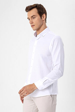 Beyaz Slim Fit Düz Düğmeli Yaka Gömlek