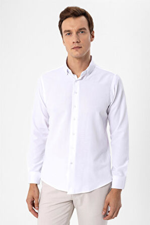 Beyaz Slim Fit Düz Düğmeli Yaka Gömlek