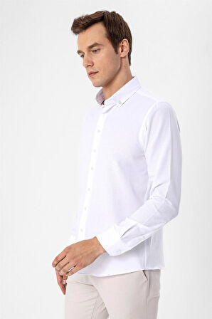 Beyaz Slim Fit Düz Düğmeli Yaka Gömlek
