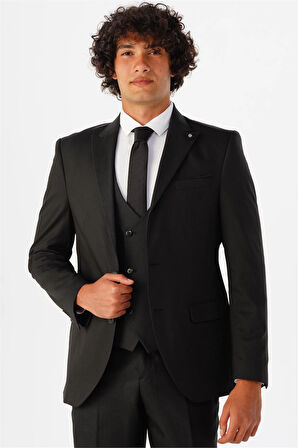 Siyah Slim Fit Armürlü Sivri Yaka 6 Drop Yelekli Klasik Takım Elbise