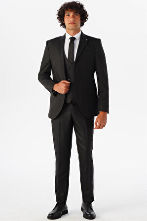 Siyah Slim Fit Armürlü Sivri Yaka 6 Drop Yelekli Klasik Takım Elbise