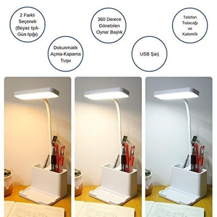 celik avm® Kalemlikli USBli Dokunmatik 3 Kademeli 360 Derece Özel Göz Korumalı led Lityum Masa Lambası
