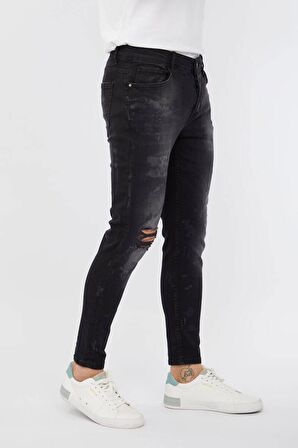 Erkek Skinny Fit Yırtık Detaylı Jean Siyah