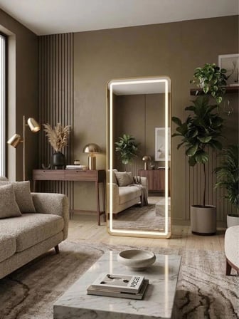 GOLD METAL ÇERÇEVELİ LEDLİ DİMMERLİ KARE AYAKLI boy aynası