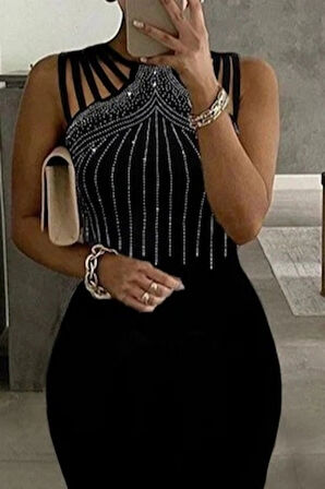 MDB Kadın Omuz çoklu Askılı önü Taş Işlemeli Balık Kesim Janjan Krep Maxi Boy Elbise