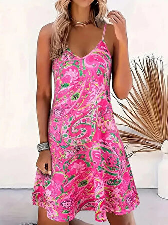 MDB Kadın Ip Askılı V Yakalı Desenli Kısa Süprem Mini Elbise