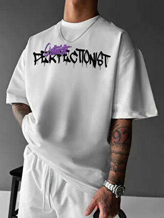 MDB Baskılı Oversize Bisiklet Yaka Tshirt  Beyaz