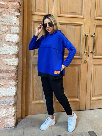 MDB Kadın Kapşonlu Etek Ucu Detay Armalı Ters Dikiş Gorunumlu Ikili Takım