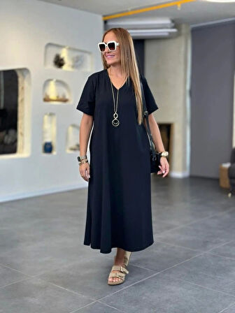 MDB Kadın Kısa Kollu V Yakalı Cep Detaylı Uzun Viskon Iki Iplik Elbise