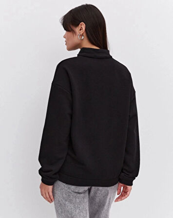 MDB Oversize Yarım Farmuarlı Yakalı Basic weathirt  iyah