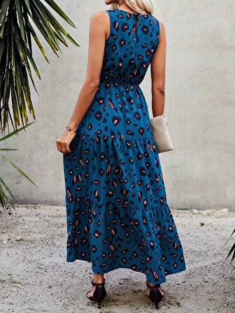 MDB Kadın Kolsuz Bisiklet Yaka Beli Lastikli Desenli Süprem Elbise