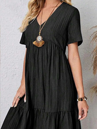 MDB Kadın Kısa Kollu V Yakalı Fırfırlı Bürümcük Elbise