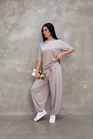 MDB Osy odal Yumuşak Dokulu Kumaş Oversize Bisiklet Yaka Tshirt Jogger Eşofman Altı Eşofman Takımı  Gri