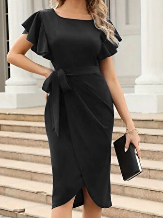 MDB Kadın Kısa Fırfır Kollu Yakası Açık Belden Kuşaklı çapraz Kesim Detaylı Ithal Krep Elbise