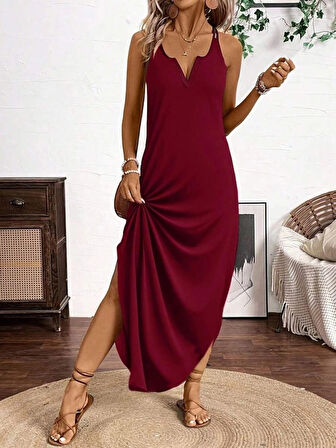 MDB Kadın Askılı Yuvarlak Yaka Asimetrik Detaylı Viskon Elbise