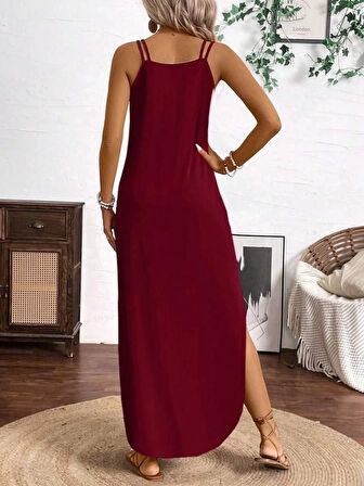 MDB Kadın Askılı Yuvarlak Yaka Asimetrik Detaylı Viskon Elbise