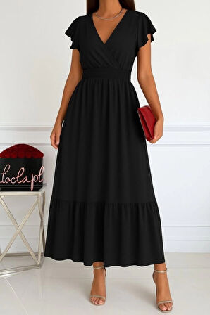 MDB Kadın Kısa Kelebek Kollu Kruvaze Yakalı Beli Lastikli Aerobin Elbise