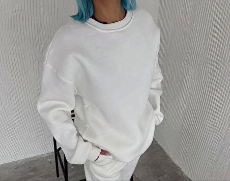 MDB Kışlık Bisiklet Yaka Üç İplik Basic weathirt  Beyaz