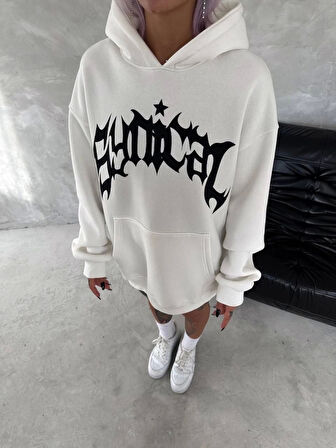 MDB Unisex Üç İplik Kapşonlu Baskılı weathirt  Beyaz