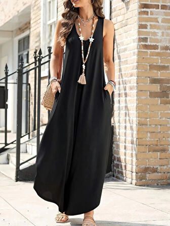 MDB Kadın Askılı Yuvarlak Yaka Cepli Salaş Uzun Viskon Tulum