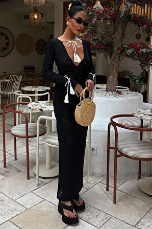 MDB Püskül Bağcık Detaylı V Yaka Ajurlu Elbise 2850