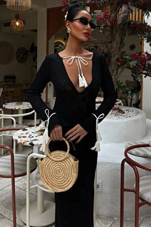 MDB Püskül Bağcık Detaylı V Yaka Ajurlu Elbise 2850