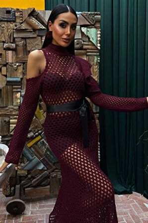 MDB Saten Kuşaklı Ajurlu Triko Elbise 2847