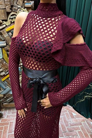 MDB Saten Kuşaklı Ajurlu Triko Elbise 2847