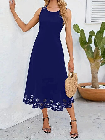 MDB Kadın Kolsuz Etek Ucu Lazer Kesim çiçek Desenli Midi Boy Ithal Krep Elbise