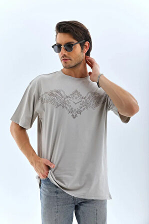 MDB Unisex Oversize Taşlı Bisiklet Yaka Thirt  Gri