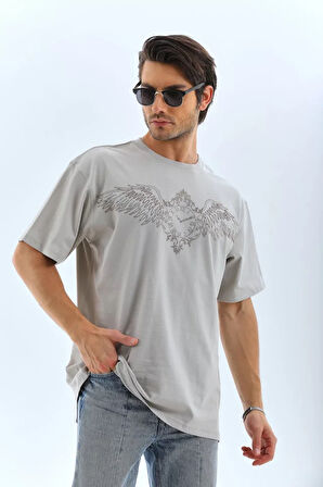 MDB Unisex Oversize Taşlı Bisiklet Yaka Thirt  Gri