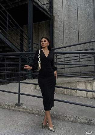 MDB Kadın Kruvaze Yaka Balon Kol imli Krep Kumaş idi Boy Elbise