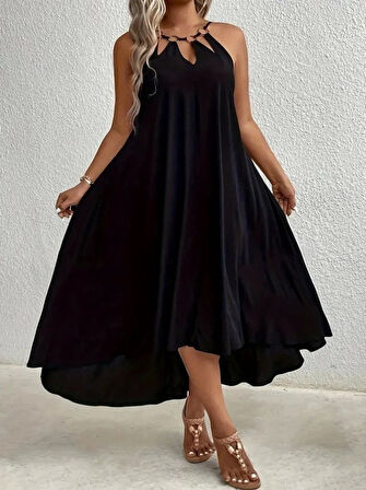 MDB Kadın Boyundan Askılı Damla Detaylı Halkalı Asimetrik Kesim Viskon Elbise