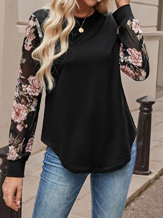 MDB Kadın Uzun Kollu Bisiklet Yakalı Kolun çiçek Desenli Viskon Iki Iplik Bluz