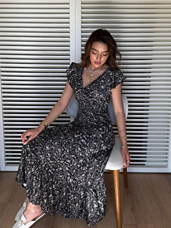 MDB Kadın Kısa Kollu Kruvaze Yaka Beli Lastikli çiçek Desenli Elbise