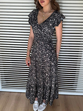 MDB Kadın Kısa Kollu Kruvaze Yaka Beli Lastikli çiçek Desenli Elbise