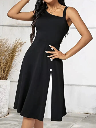 MDB Kadın Tek Omuzu şerit Detaylı Sıfır Kol Yandan Düğme Detaylı Janjan Krep Elbise