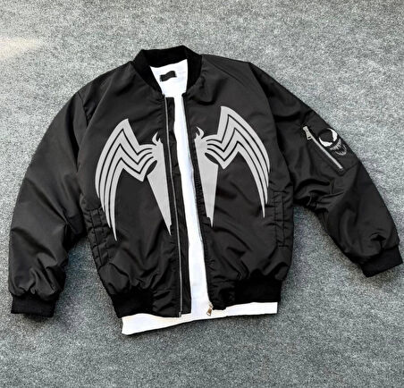 MDB Tam Fermuarlı Uzun Kol Baskılı Bomber Ceket  iyah