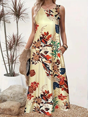 MDB Kadın Askılı Yuvarlak Yaka Cepli Desenli Süprem Elbise