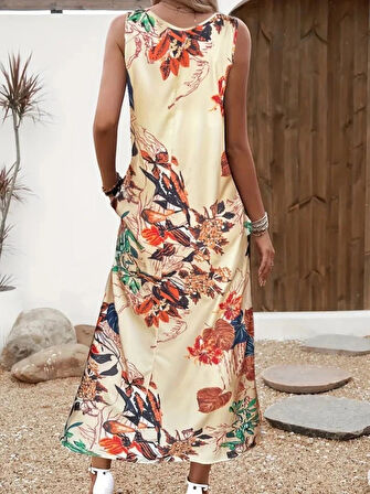 MDB Kadın Askılı Yuvarlak Yaka Cepli Desenli Süprem Elbise