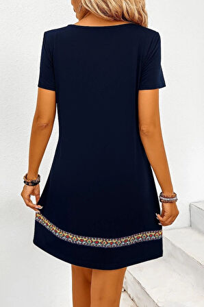 MDB Kadın Kısa Kollu V Yakalı Etnik Desen şerit Detaylı Viskon Elbise